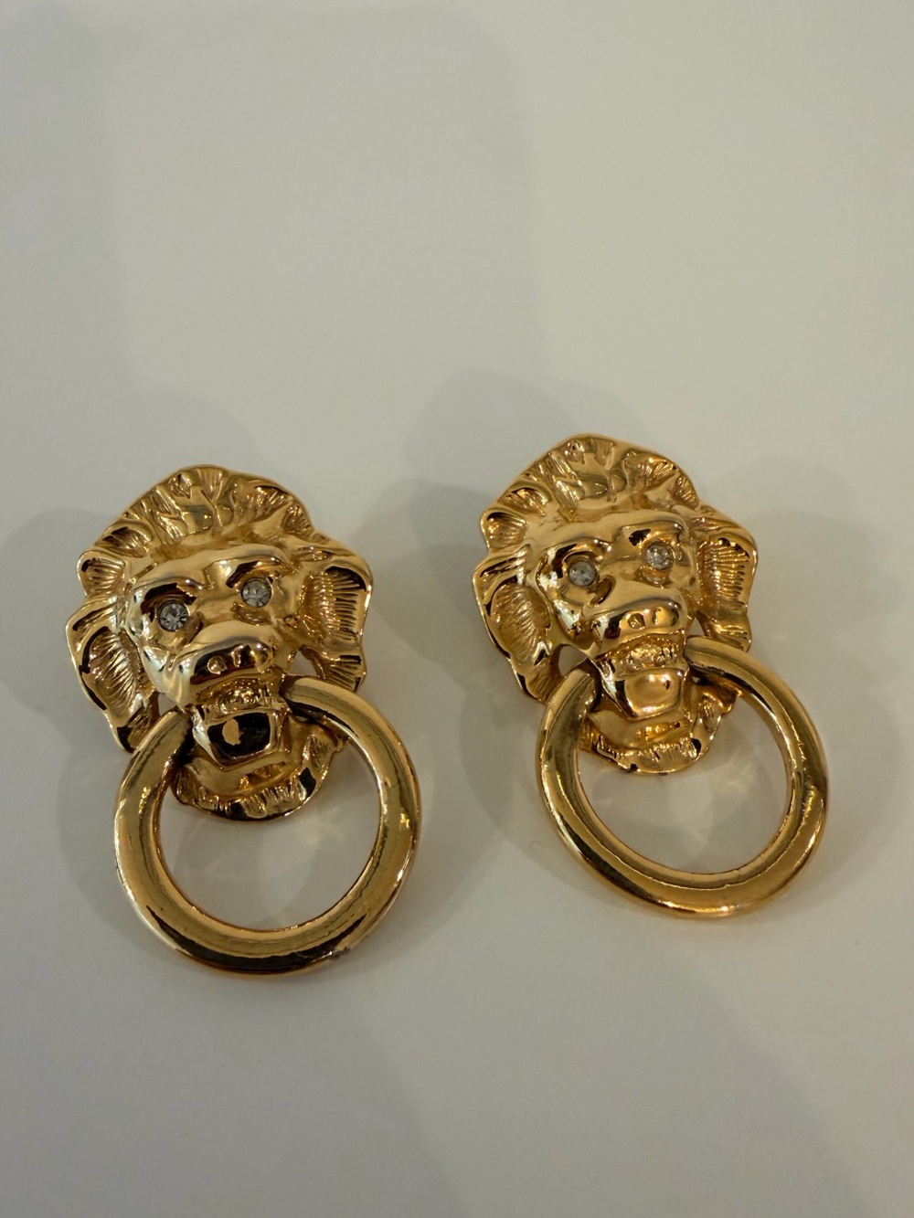Vintage Signed K.J.L For Avon Gold-Tone Lion Head Door Knocker Pierced Earrings